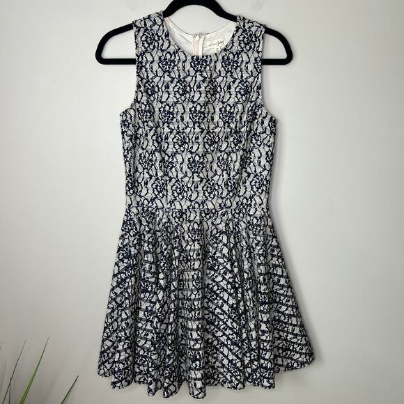 Maison Jules Fit &‎ Flare Blue Floral Lace Overlaid on Cream Mini Dress SZ M - Picture 1 of 9